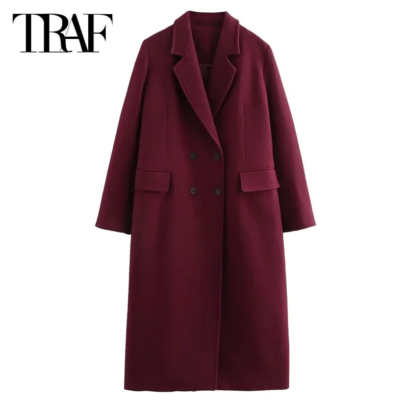 TRAF Womens Coat Burgundy Tweed Long Sleeve Outerwears Winter Coats Woman 2024 In Office Wear Warm Jackets 241225