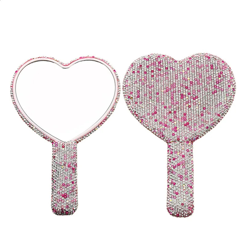 Diamond Handheld Makeup Mirror Love Heart Mirror Female Handle Makeup Cosmetic Beauty Tools Handheld Vanity Girls Make Up Mirror 241226