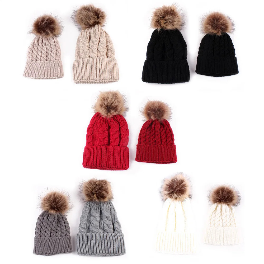 Famliy Matching Hats 2PcsSet Mother Kid Baby Child Warm Winter Knit Beanie Fur Pom Hat Crochet Ski Cap Soft Solid Cute 241225