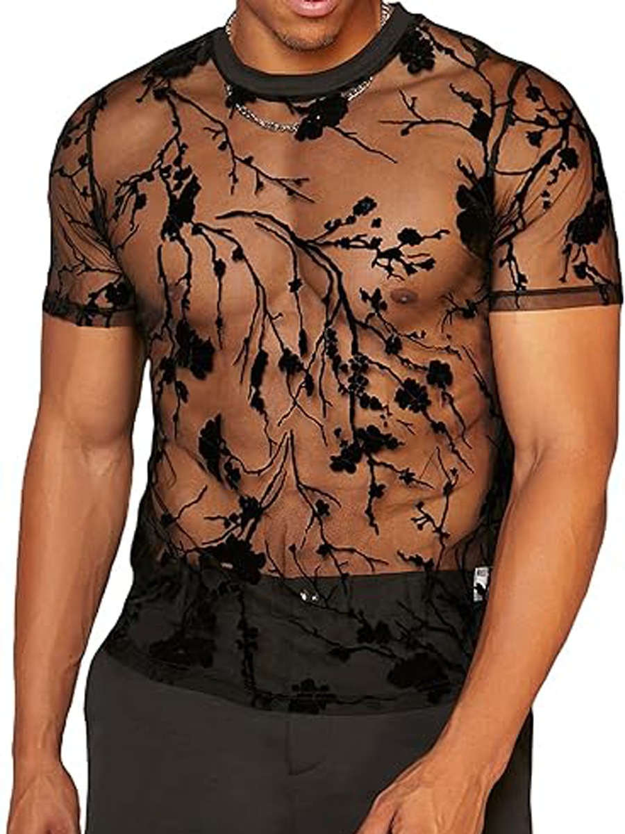 Men's T Shirts Summer Thin Floral Design Flocked Sexy Round Neck See Through Mesh Short T Shirt Sports Brand Fashion Clothes