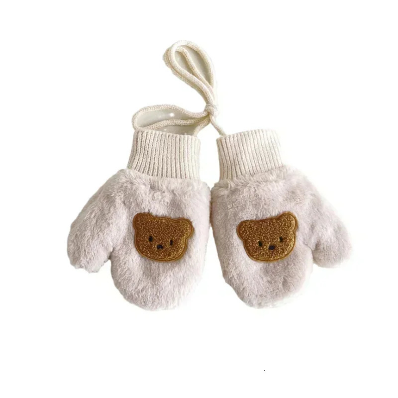 Warm Furry Young Kids Mittens for Boy Girl Cute Cartoon Bear Plush Glove Toddler Autumn Winter Outdoor Neck Lanyard 241225
