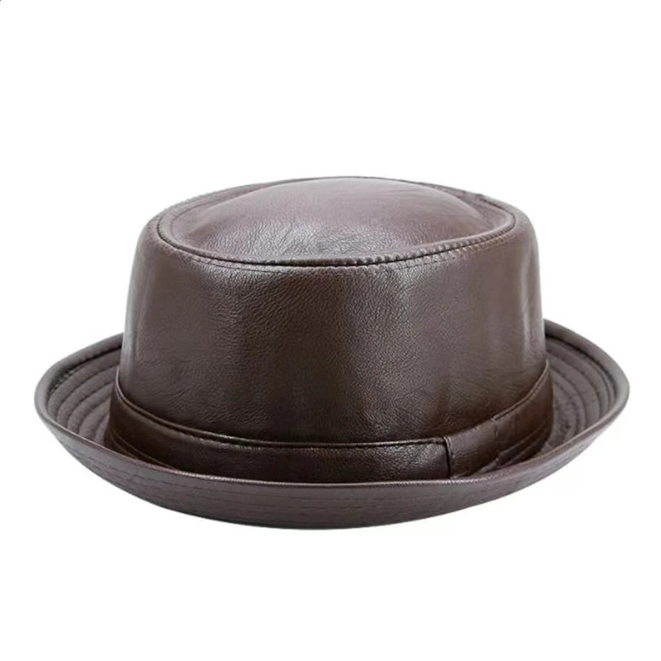 Men Black Leather Trilby Hat Male Fedora Cap Retro Women Autumn Porkpie Hat Mens Vintage Jazz Hat 241226