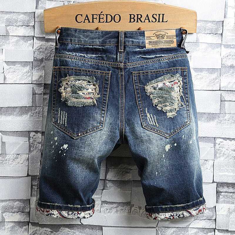 New mens retro split shorts for summer 2024 street jeans perforated ultra-thin suitable for denim shorts beggars fashionable shorts retro blue W241226