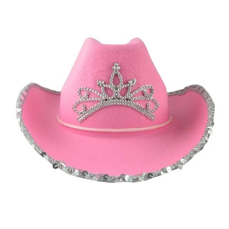 Pink womens denim hat wide brown western hat Y2K sparkling crown sequin feather Cs denim party costume set W241225