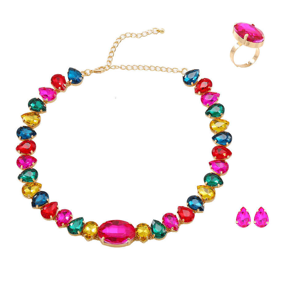 Colorful necklaces, earrings, rings, women's three piece set, trendy rhie inlaid jewelry