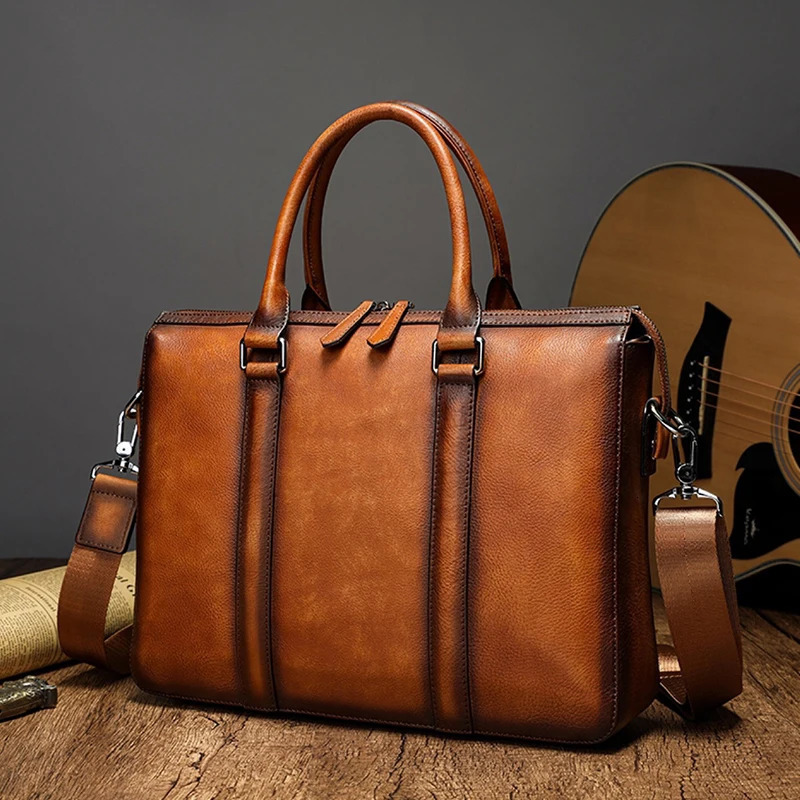 Mens Vintage Handmade Genuine Leather Handbag Plant Tanning Head Layer Cowhide Briefcase Business Computer Bag Men Shoulder Bag 241225