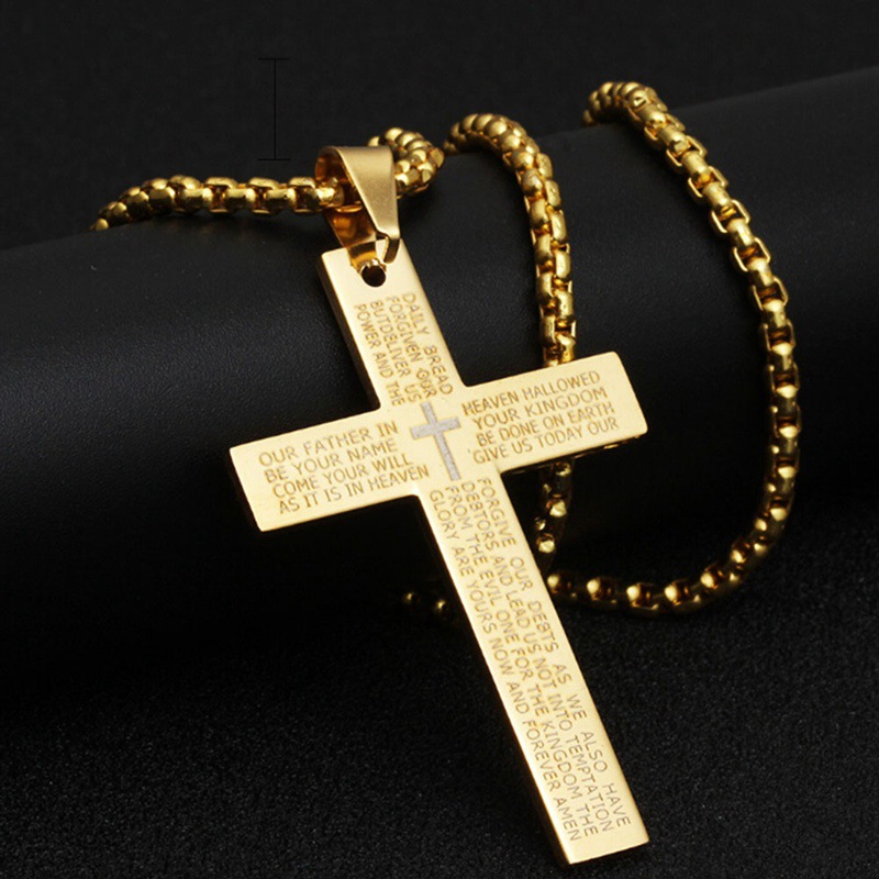 Titanium Steel Bible Cross Pendant Necklace 18K Gold Silver Black Christianity Necklace with Long Chain Stainless Steel Sweater Chain Cross Necklace f