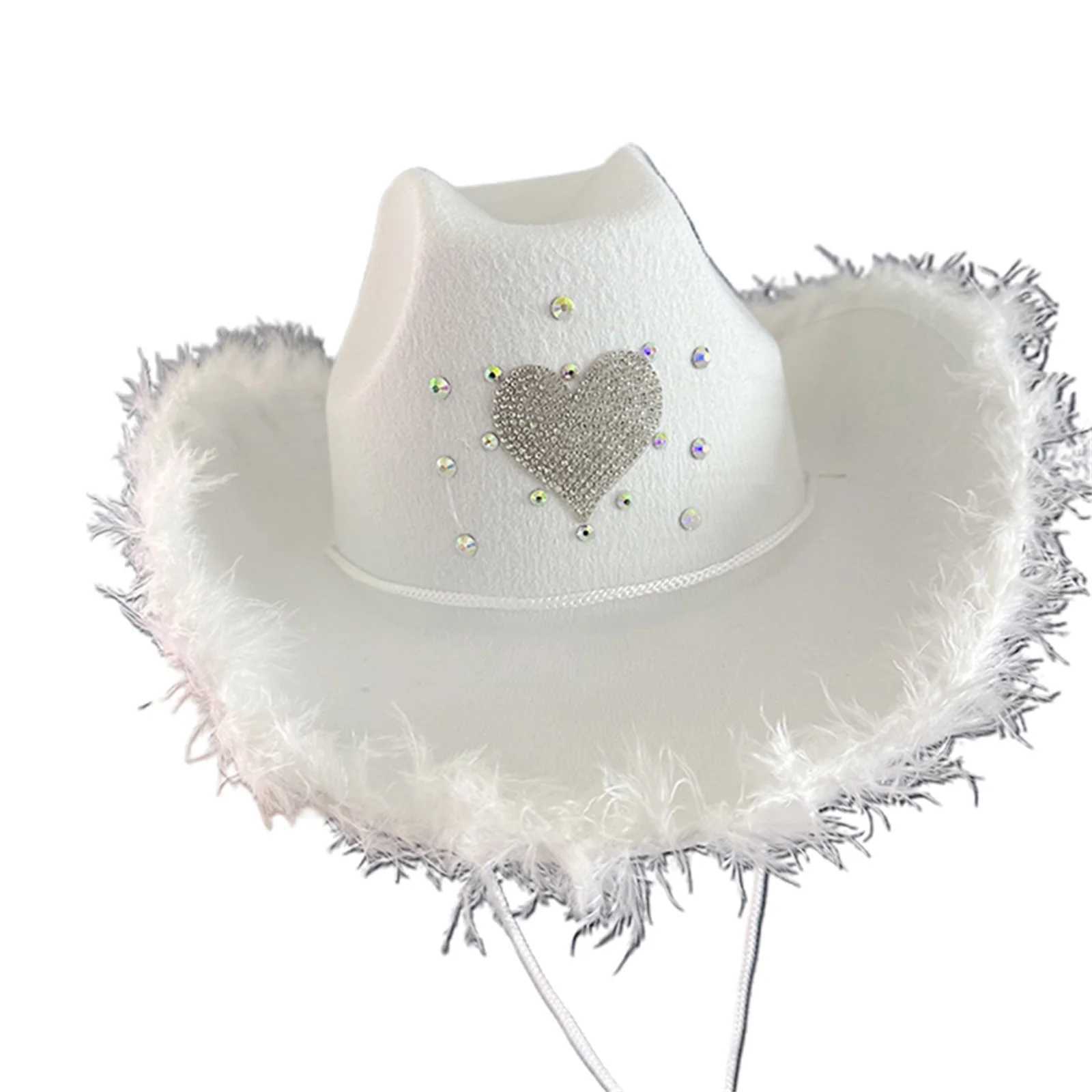 Womens denim hat Rhinestone heart-shaped fuzzy decoration wide Brim C for Fiancee shower bachelor party denim hat W241225
