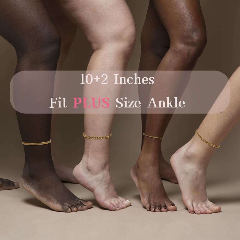 Plus Size Ankle Bracelets for Women Extra Large 10"+2" Adjustable 14K Real Gold Plated Trendy Anklet with Strong Lobster Clasp Cuban k, Figa