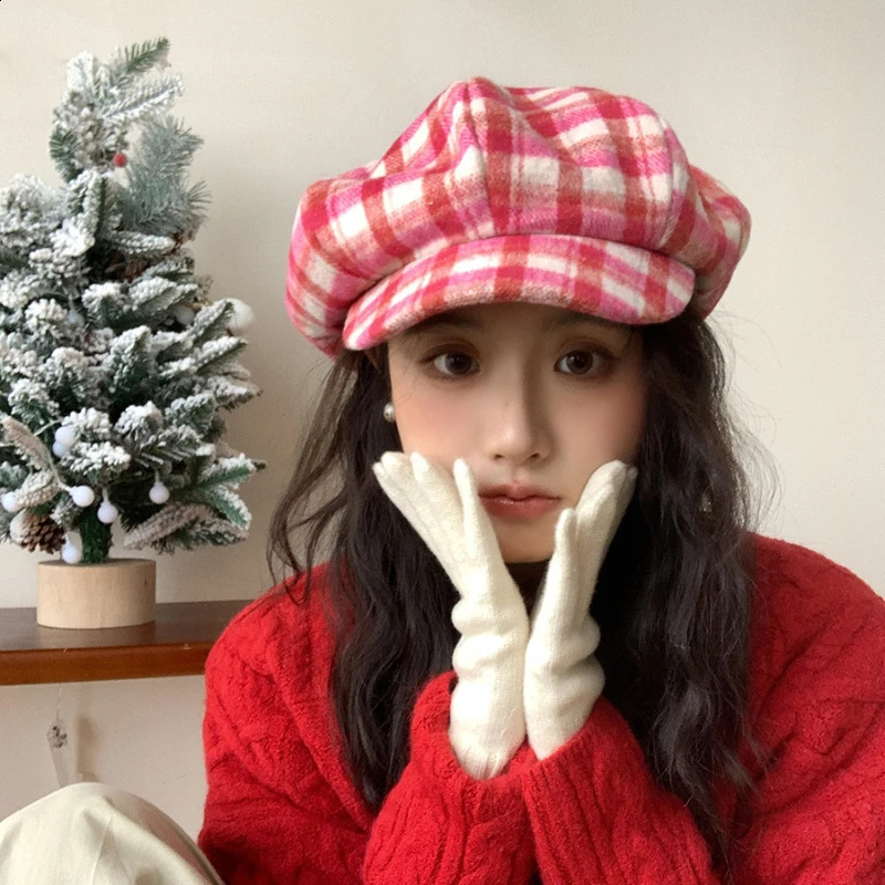 Ins Fashion Color Matching Plaid Wool Berets Cap for Women Show Face Small Winter Casual Warmth Versatile Retro sboy Hat 241226