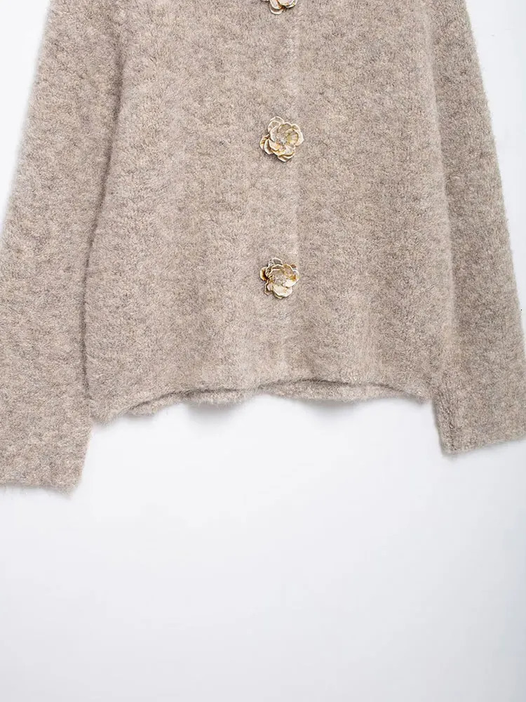 TRAF Autumn Flower Button Decorative Cardigan Top Woman Solid Color Single Breasted Short Knitted Coat Women Outerwears 241225