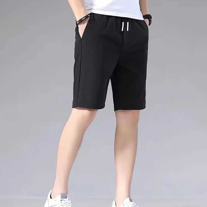 Mens summer casual shorts with elastic waist brushed straight solid color ice silk sports thin pockets knee pants mens clothing W241226