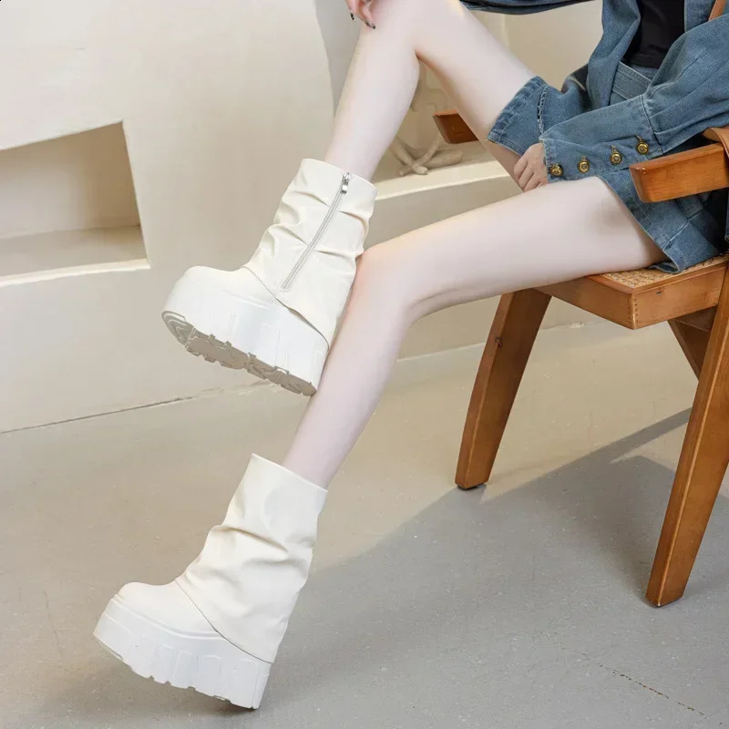 14CM Ankle Booties Shoes Natural Microfiber Leather Boots 2025 Winter Women Motorcycle Boots Platform Ladies Fashion Botas 241226