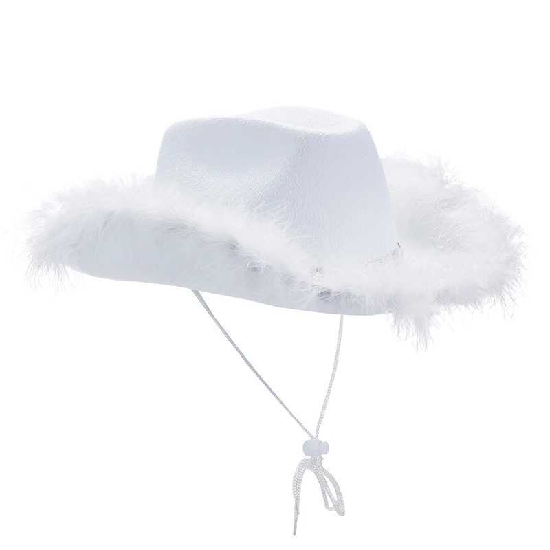 CocMouse Womens Cowboy Hat Fluffy Feather Decoration Wide Brim Flat Top Disco Cowboy Hat Western Club Party Costume Props W241225