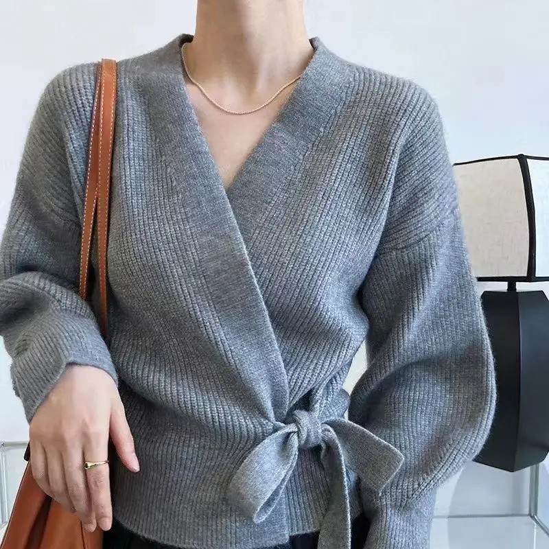 Early Autumn Bow Tie VNeck Knit Womens Short High Waist Cardigan Sweater Coat Overlay n Sense Top 241225