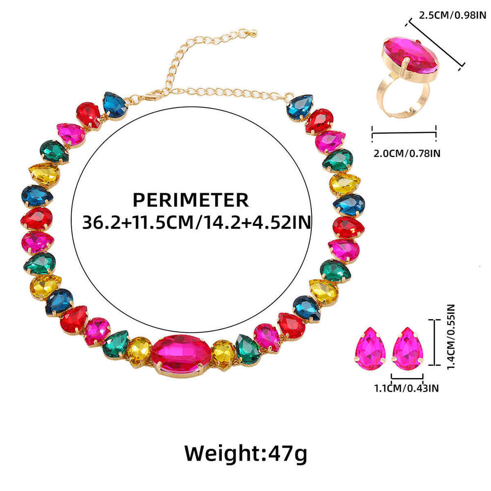 Colorful necklaces, earrings, rings, women's three piece set, trendy rhie inlaid jewelry