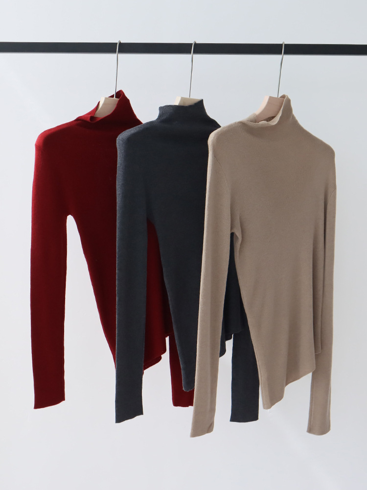 9484v1 Luxurious Asymmetric High Neck Wool Blend Sweater with Beveled Edges Perfect for Cold Seasons