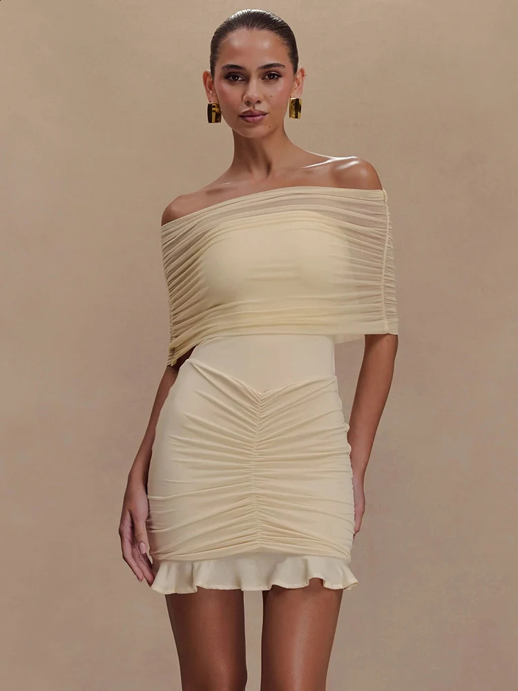 Mozision Mesh Strapless Off-shoulder Sexy Ruffled Mini Dress For Women Fashion Backless High Waist Female Ruched Party Dress 241226