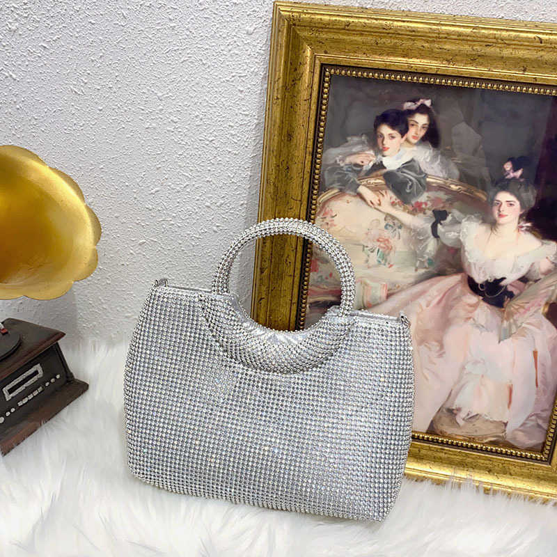 Evening Bags French Silver Ring Shiny Water Diamond Vegetable Basket Small Bag Simple Banquet Hand Held Crossbody Tote Bags 241226