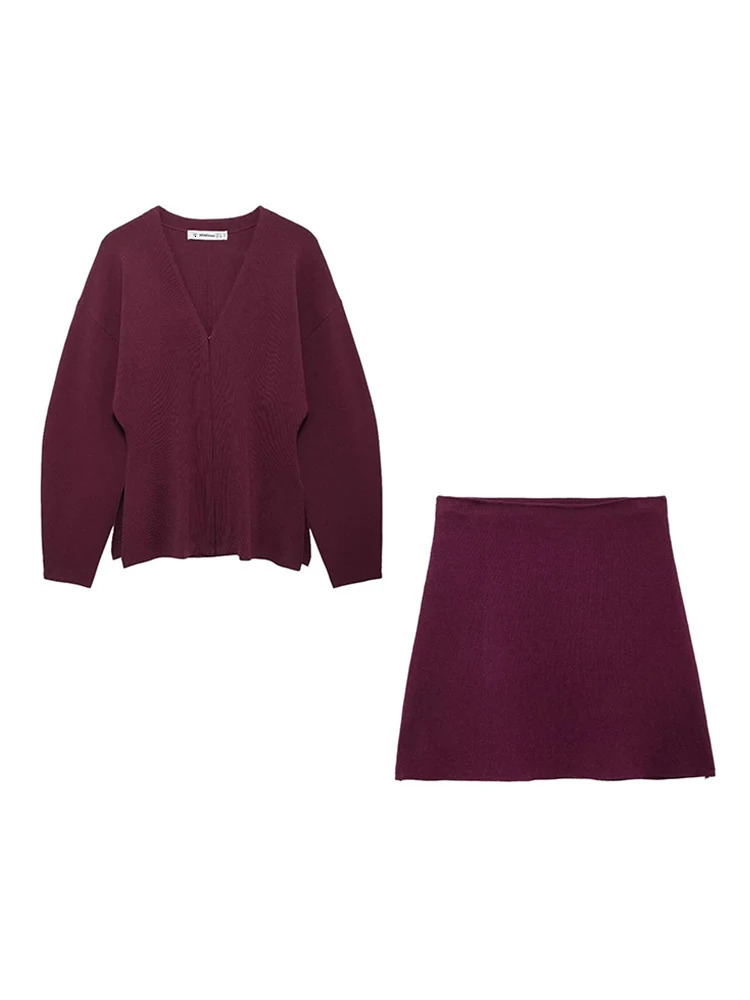 TRAF Autumn Skirt Set Woman Knitted Cardigan 2024 V Neck Loose Sweater Stretch Skirts Winter Office Lady 241220