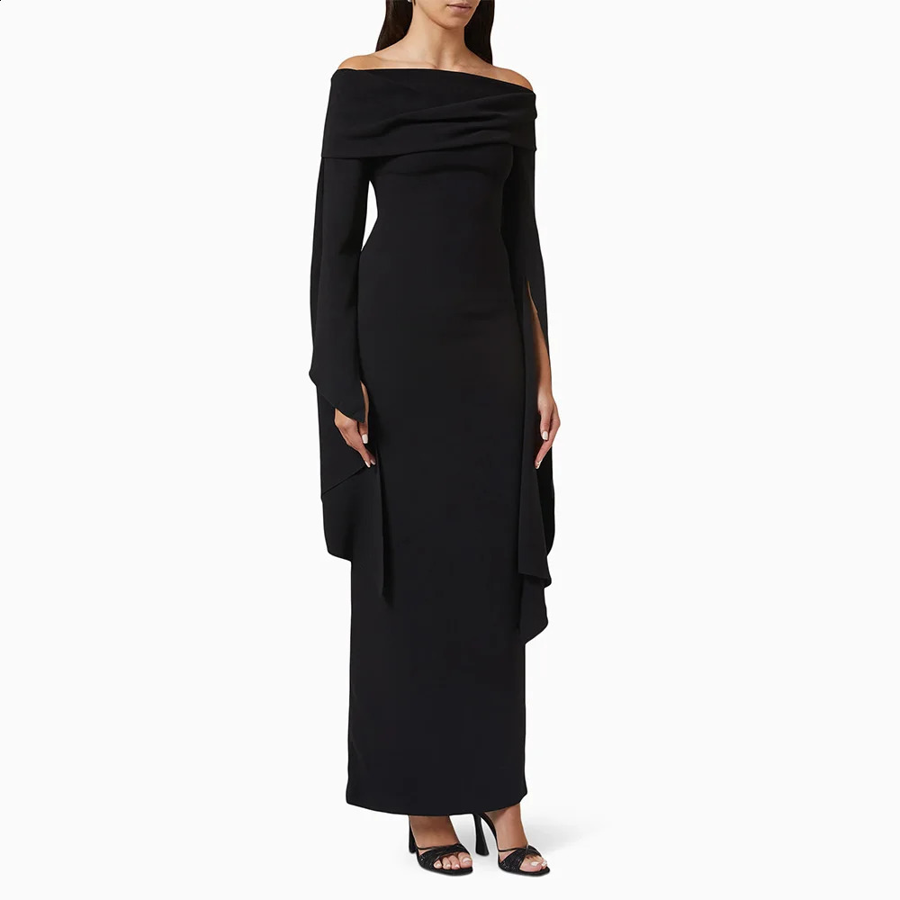 Black Wedding Guest Gowns for Women Off the Shoulder Column Formal Party Dresses Maxi Long Sleeves Elegant Evening Dress 241223