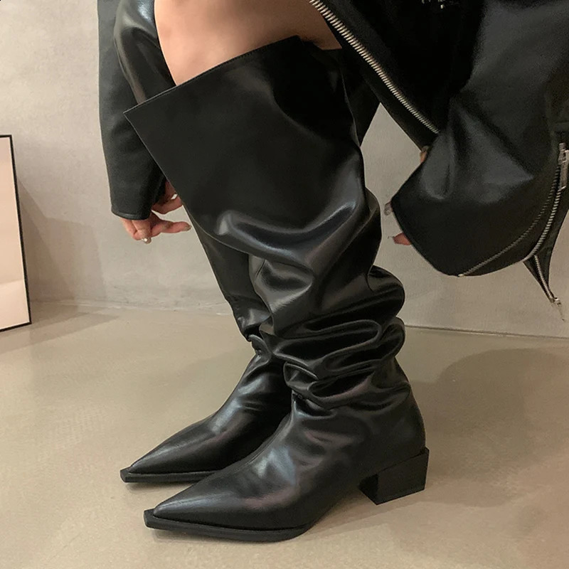 Over The Knee Women Chelsea Boots Pointed Toe Mid Heels Shoes Winter Classic Motorcycle Boots Goth Lady Chaussures 241226