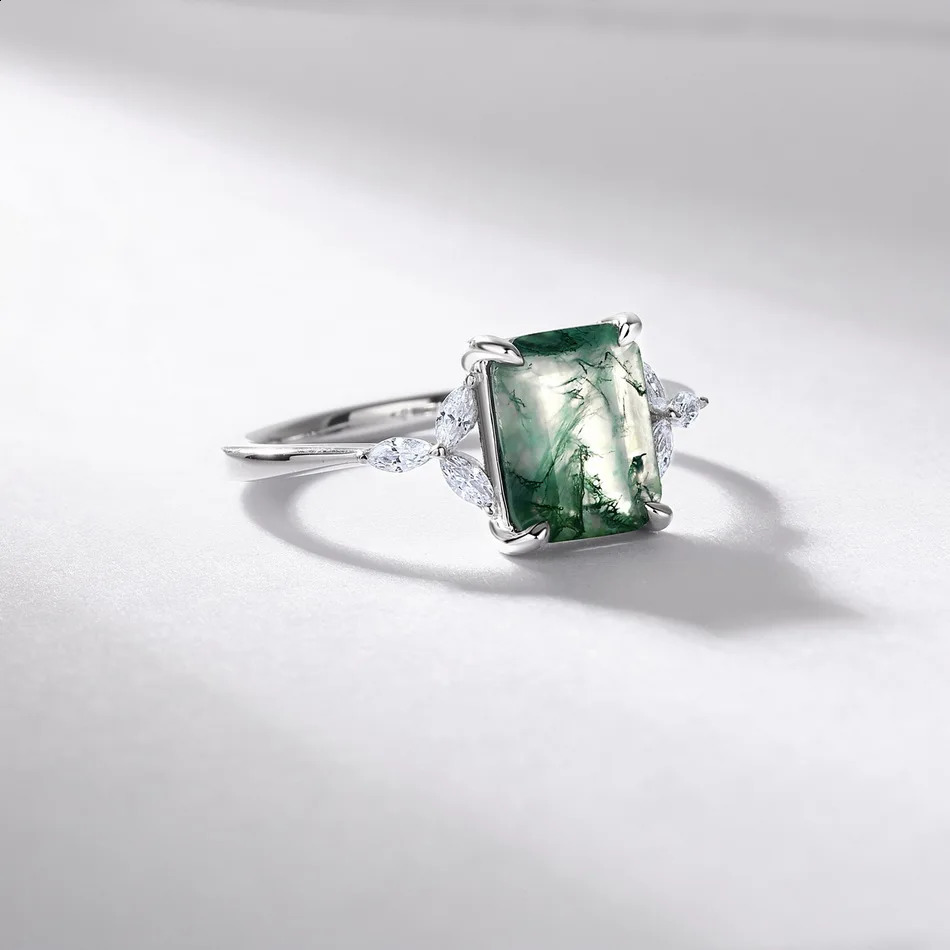WES 925 sterling silver natural unique green moss agate ring womens water droplet jewelry wedding gift box engagement wholesale 241226
