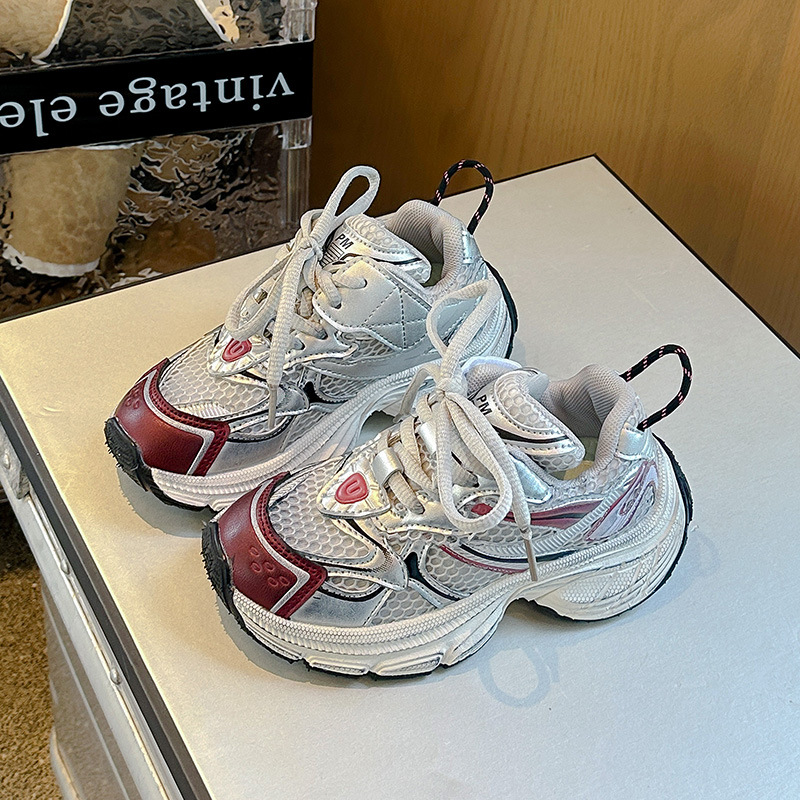 Daddy Shoes Female Ins Tide Outdoor Spring And Summer Thick Bottom Sneakers Mesh Designer Shoes Silver White Casual Shoes Size 28-40 For Children