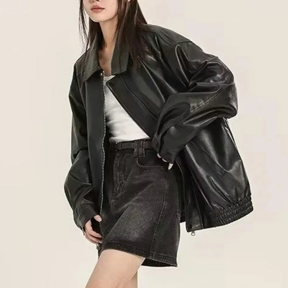 Vintage Women Faux Leather Jacket Long Sleeves Turndown Collar Loose Fit Zipper Pocket Oversized Ladies Female Coat 241223