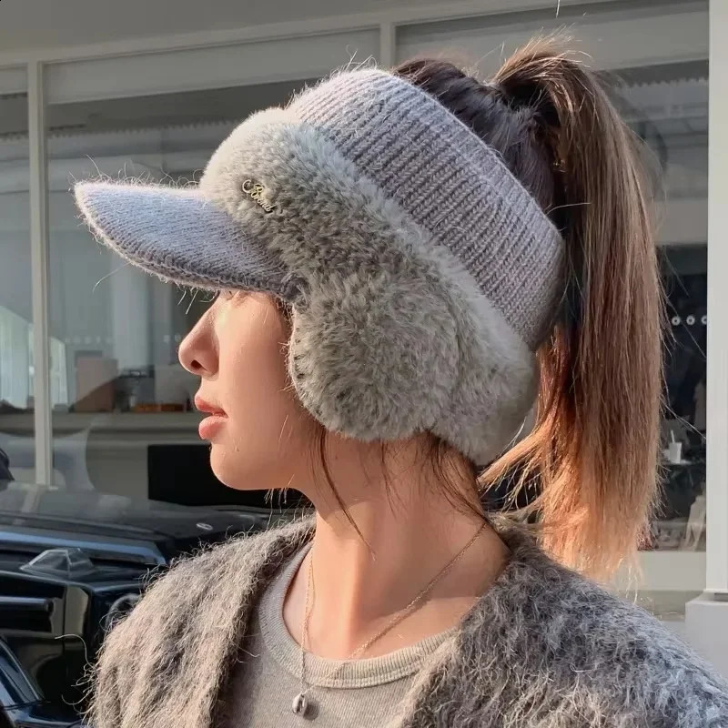 Winter Hat for Women Fashion Winter Warm Ear Wing Knitted Cap Baseball Cap Outdoor Sports Windproof Ponytail Hat Visor 241226