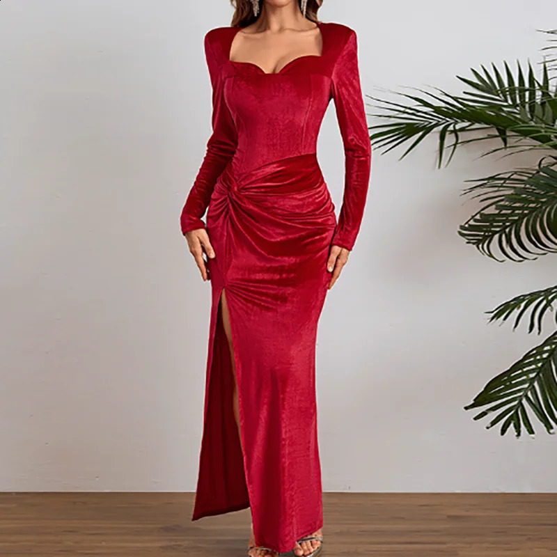 Autumn Velvet Solid Color Slim Party Dresses Womens Elegant Square Neck High Waist A-line Dress Sexy Split Pleated Long Dresses 241224