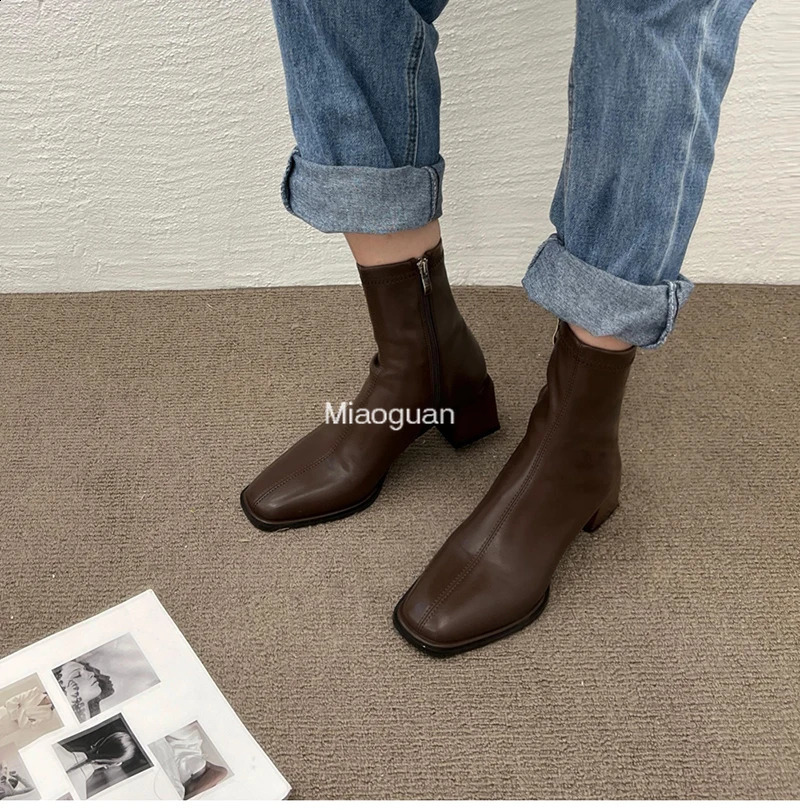Autumn Heel Ankle Boot Fashion Square Toe Zipper Elegant Ladies White Casual Short Chelsea Boots Soft Leather PU 241226