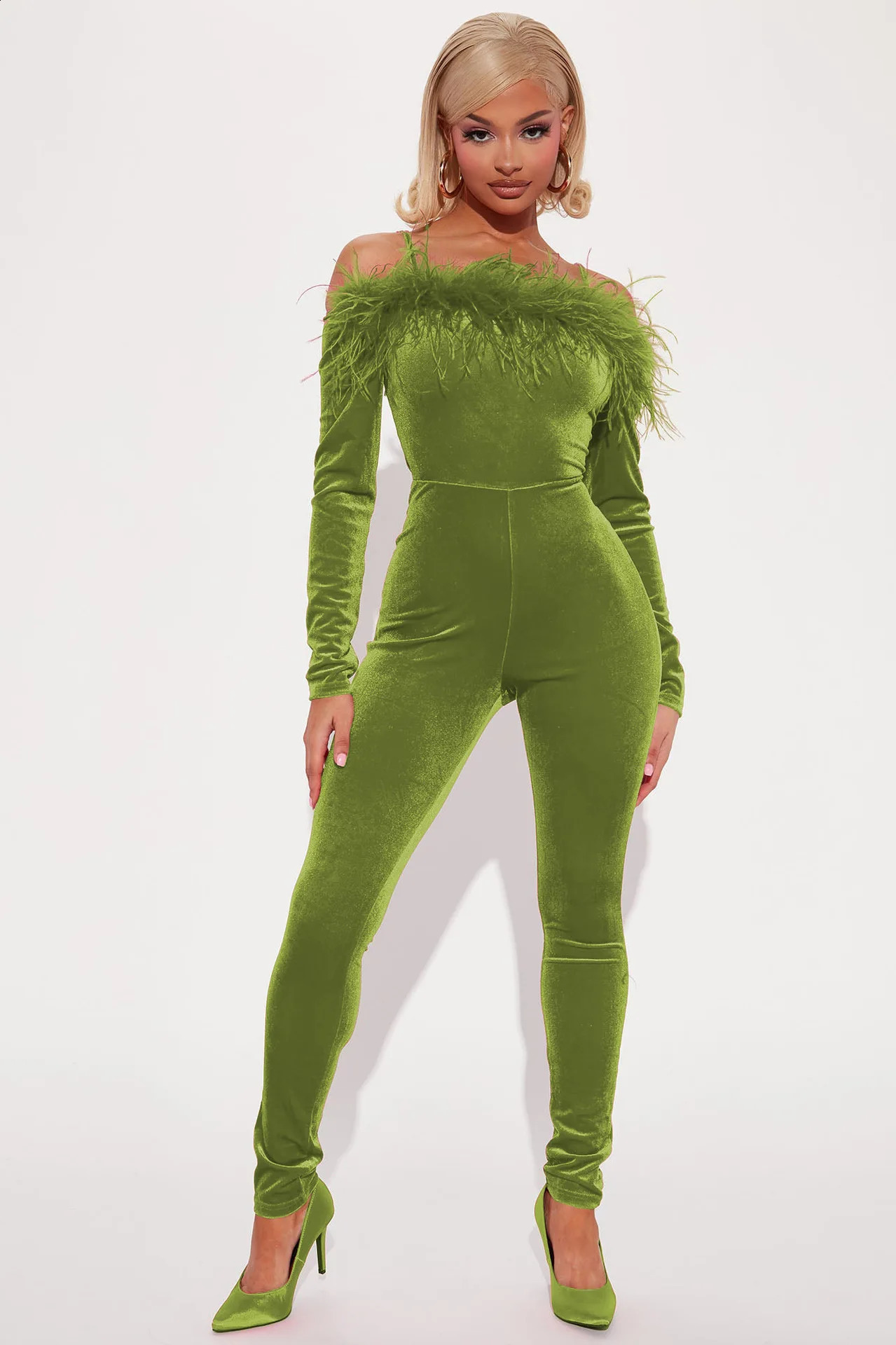 Velvet Feather Jumpsuits Elegant Outfit Bodycon Winter Clothes Long Sleeve One Piece Women Club Jumpsuit Bodysuit 241224