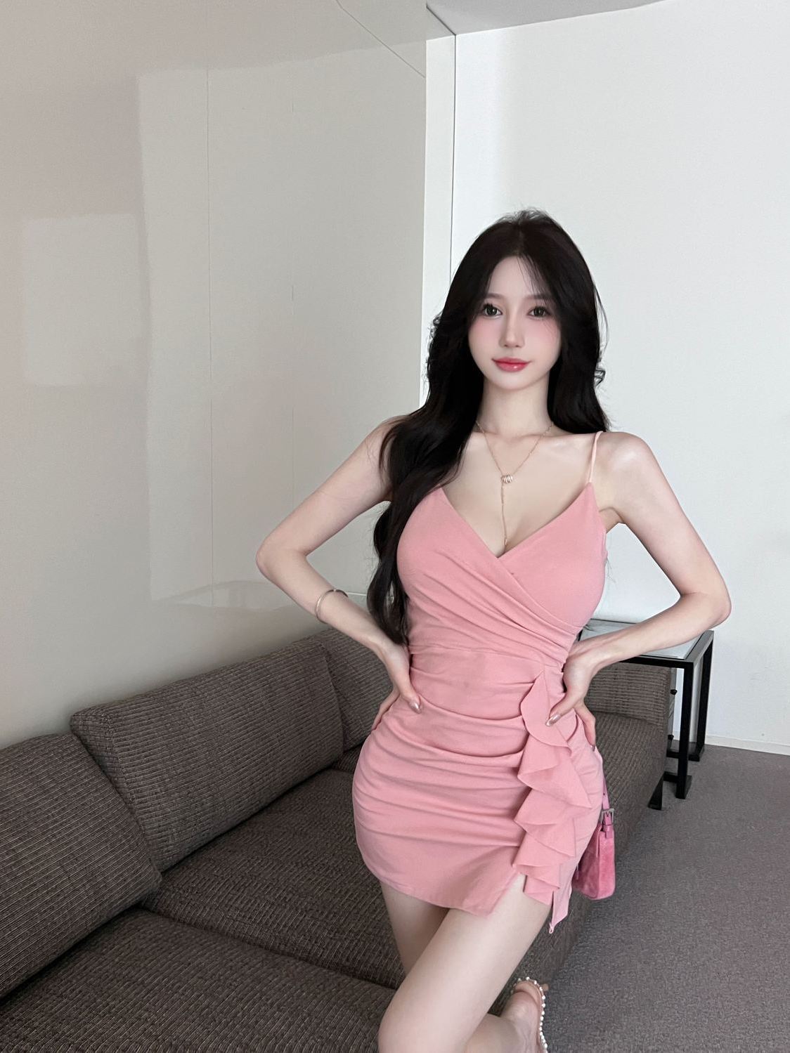 A115 Sexy V-neck suspender dress new style women's ruffle tight hip skirt