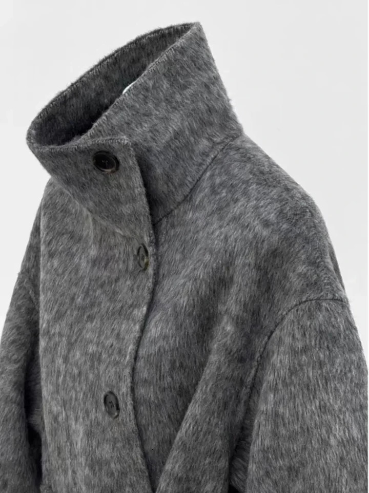 Turtleneck Single Breasted Woolen Coat Laceup Solid Color Elegant Full Sleeve Clothing 241225