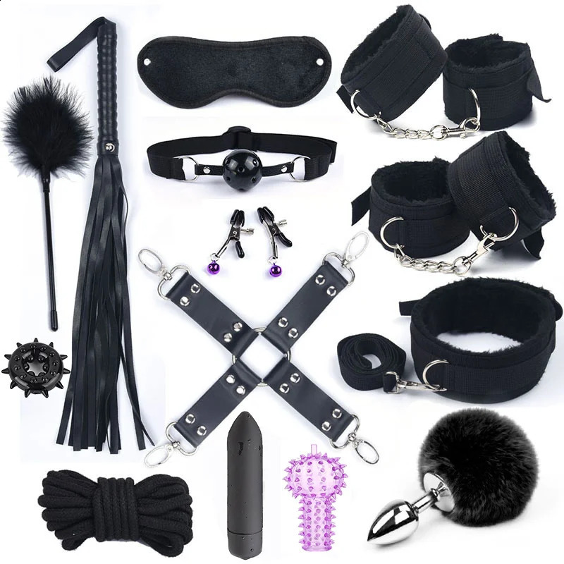 Rabbit Tail Anal Plug Bondage Set Sex Toys For Women Whip Handcuffs For Sex Bdsm With 10 Speed Vibrator Exotic Adult Games 241226