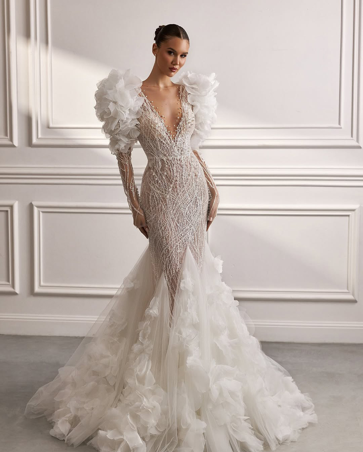 Modern Elegant Mermaid Wedding Dresses V-Neck Long Sleeve Sequins Appliques Beading Embroidery Lace Bridal Gowns Custom Made Vestidos De Novia