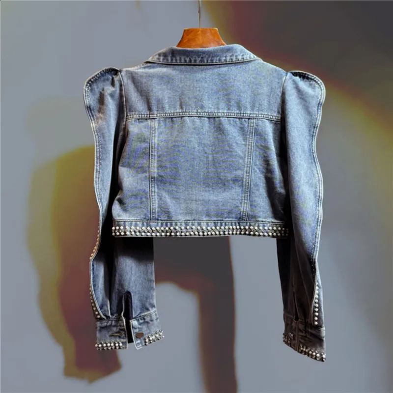 Pearl Bead Diamonds Light Blue Short Denim Jacket Irregular Single-breasted Puff Sleeve Jeans Jacket Spring Women Streetwear 241223