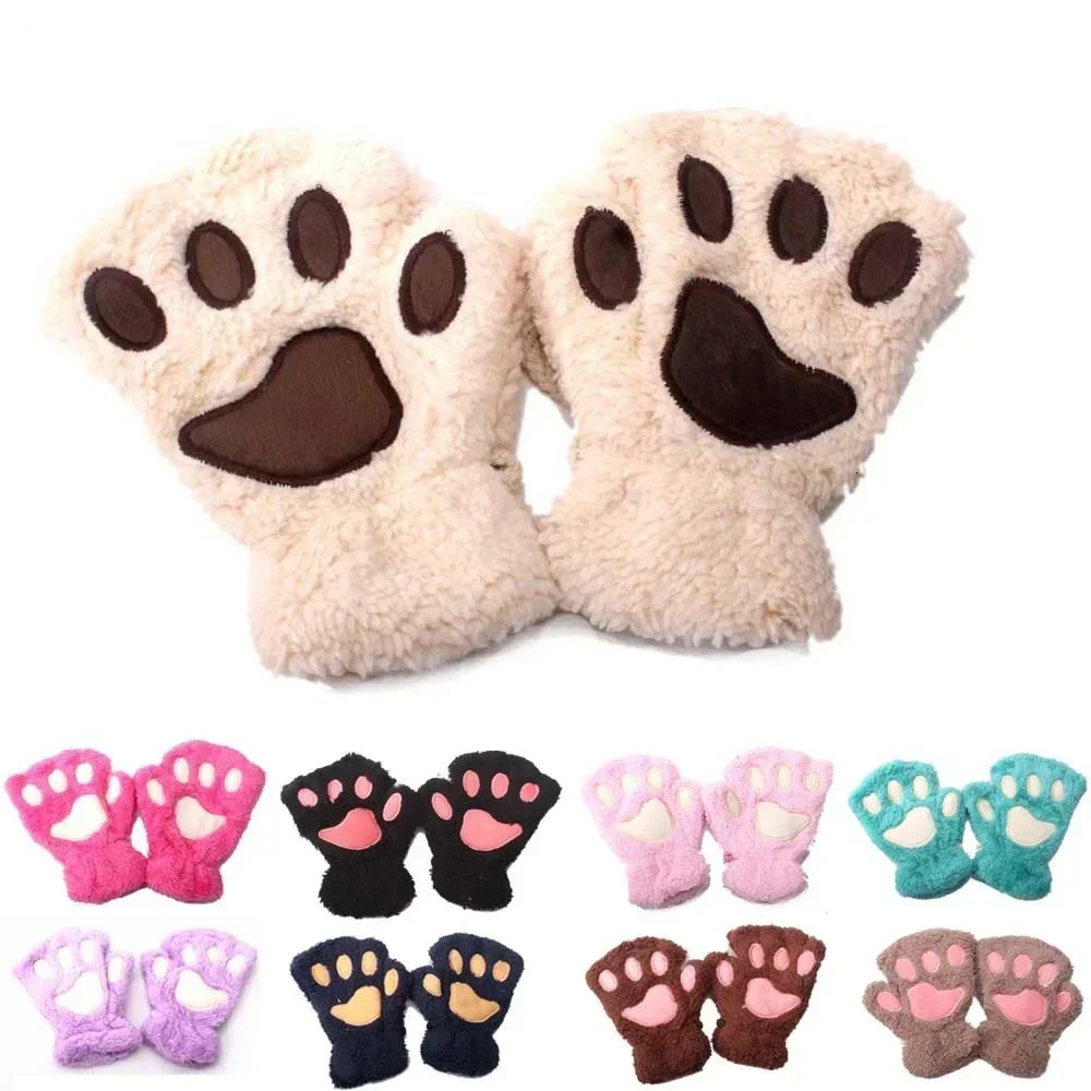 1 Pair Kawaii Cartoon Kids Boy Girl Glove Sweet Animal Cat Paw Halffinger for Children Autumn Winter Warm Thicken 241225