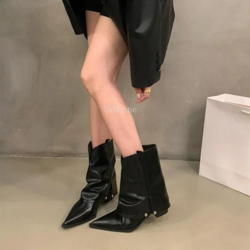 Spring Autumn Chunky Heel Pointed Toe Boots Short Boots Womens Shoes Brown Cowboy Boots Goth Shoes Ladies Shoes 241226