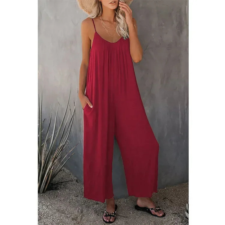 Boho Chic Ruched Jumpsuit with Adjustable Spaghetti Straps Flowy Wide Leg Sleeveless n Perfect Casual Summer Wear for Women 241224
