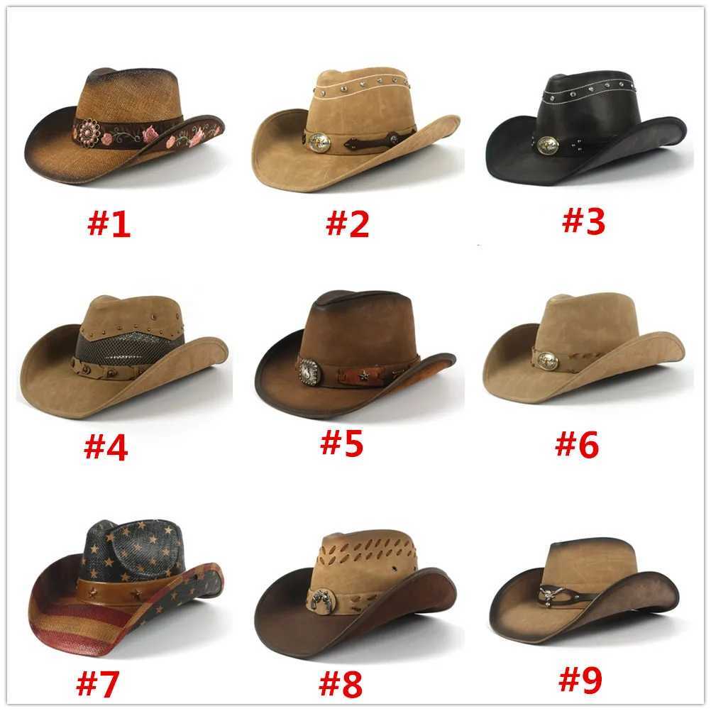 Cowboy Hat Womens Western Cowboy Hat Dad Gentleman La Leather Straw Hat Hombre Jazz Cs Size 58CM W241225