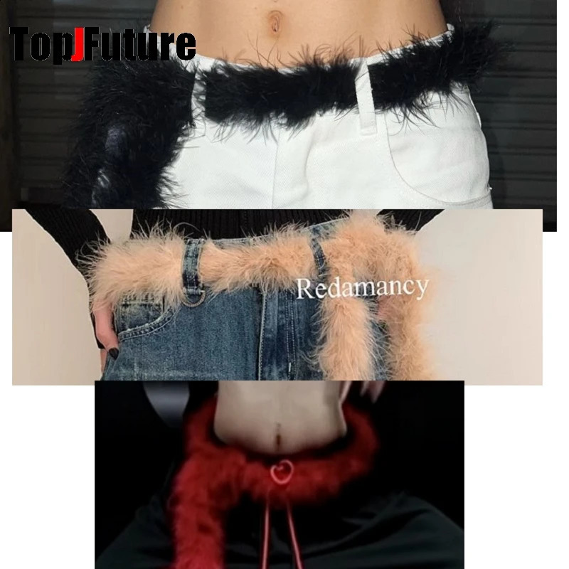 Womens Harajuku Steampunk Y2K The Spice Girls Plush waistband Dark Furry belt Concave shaped decorative waist chain 241226