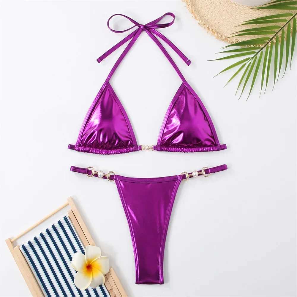 Silver Mini Bikini Beaded Chain Triangle Swimsuit Strap Beaded Backless Swimsuit Y2K Womens Bikini Beach SetW241225