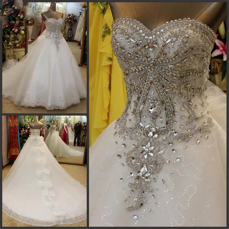 Real Photo A-Line Wedding Dresses Sweetheart Lace Crystal Beaded Diamond Luxury Formal Wedding Dress Custom Made