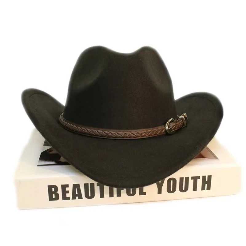 Coffee Leather Band Vintage Parent-Child Women Men/Kid Child Wool Wide Brim Cowboy Western Hat Cowgirl Bowler C56-58cm W241225