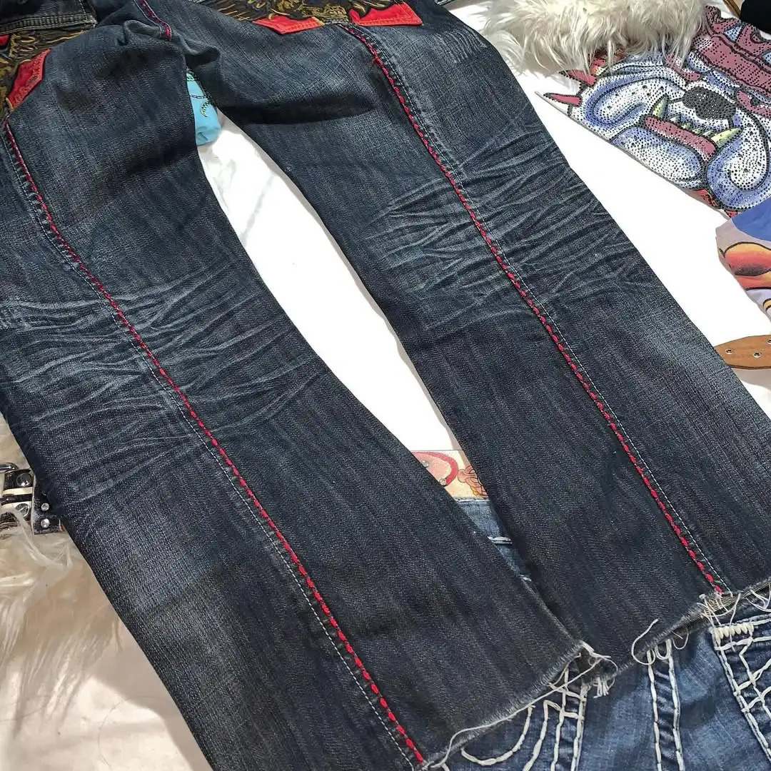 Y2K American Streetwear Gothic Skull Embroidery Wide Leg High Waist Washed Jeans Retro Loose Jeans Patch Pants 241224