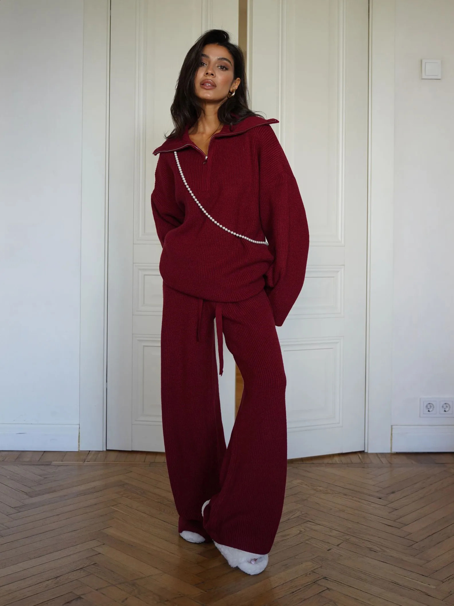 Woolen Suit Solid Color Half Zip Top Two Piece Set Of Elastic Waisted Pants Fashionable Autumn And Winter Womens Clothing 241224