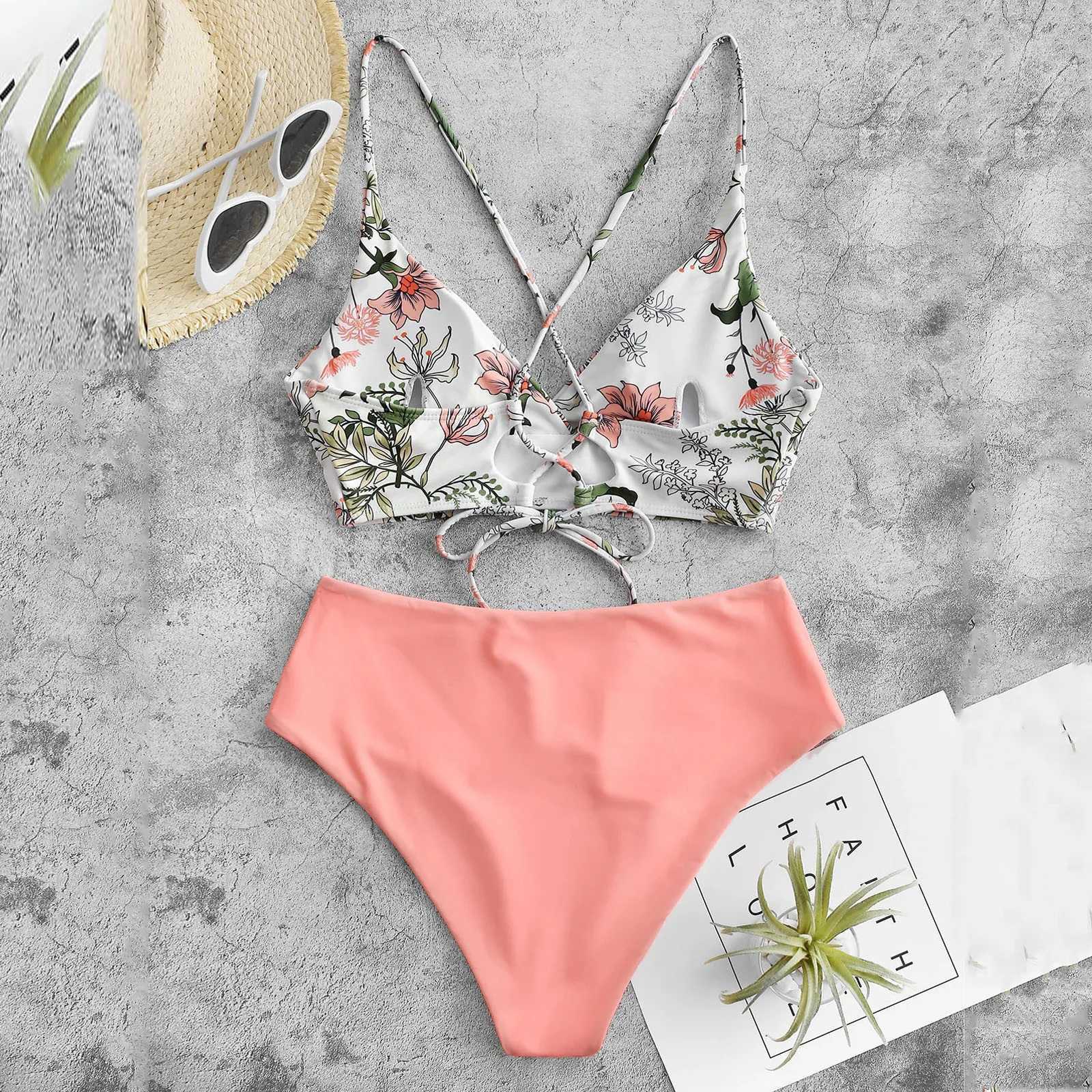 Sexy Shop Products Print Bikini Flower Size Beach Dress Set Two Women Split Swimsuit Plus Piece Swimwear Tankinis SetW241225