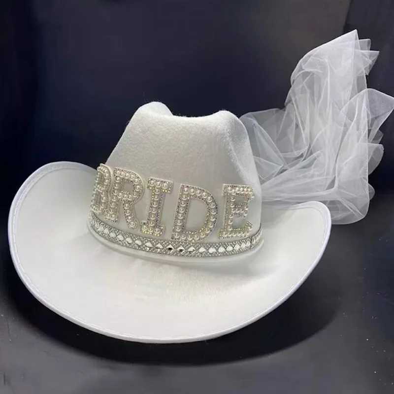 Bridal Pearl Veil Cowboy Hat Country West Space Disco Bridal Cowboy Girl C Wedding Singles Party Shower Decoration Gift W241225